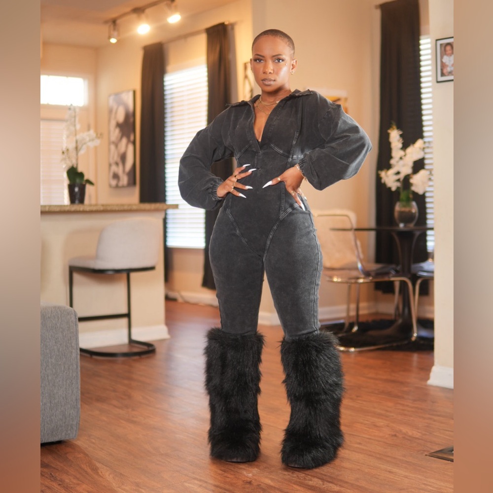 Black Fleece-Trim Jumpsuit